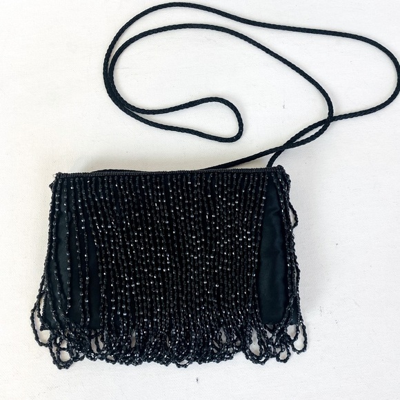 La Regale Bead Fringe Satin Black Evening Purse 7” x 4” - Picture 5 of 7